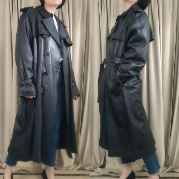 Vintage Black Genuine Leather Double Breasted Trench Coat - Picture 3 of 8